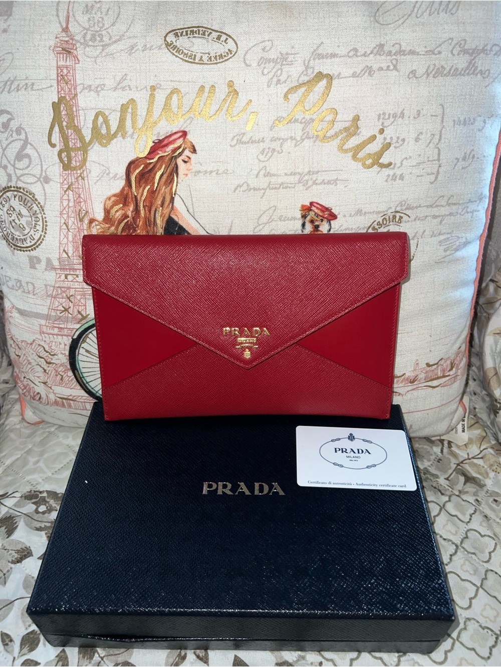 Prada Red Saffiano Envelope Clutch with Gold Logo